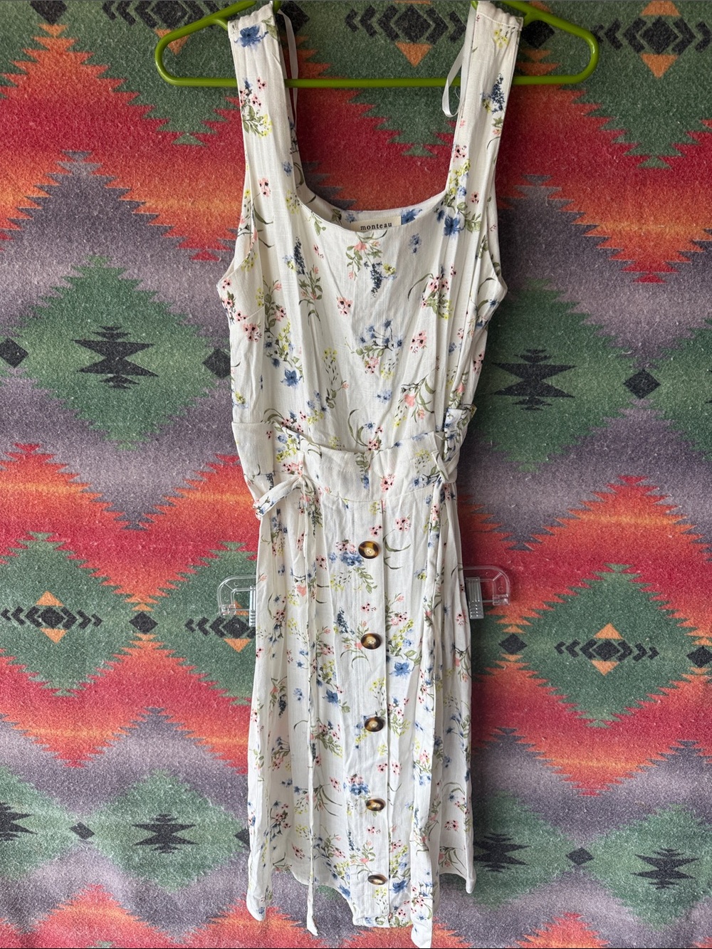 Monteau Ivory Midi Dress with Blue and Green Floral Print